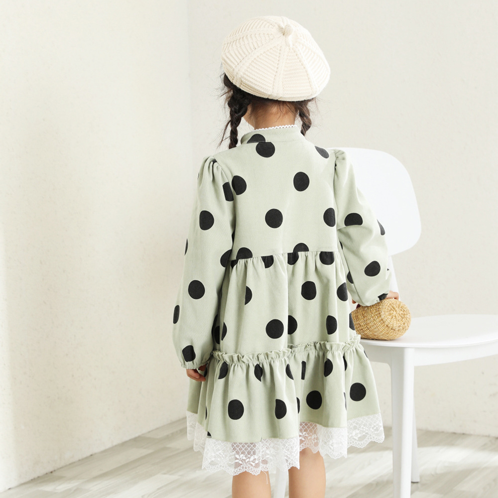 泡泡袖牛油果绿秋女童波点连衣裙童装女童秋装连衣裙新款儿童韩国
