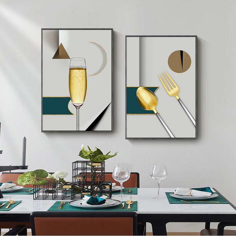 创意餐厅装饰画北欧 金色酒杯香槟刀叉餐具几何抽象餐厅挂画-阿里巴巴