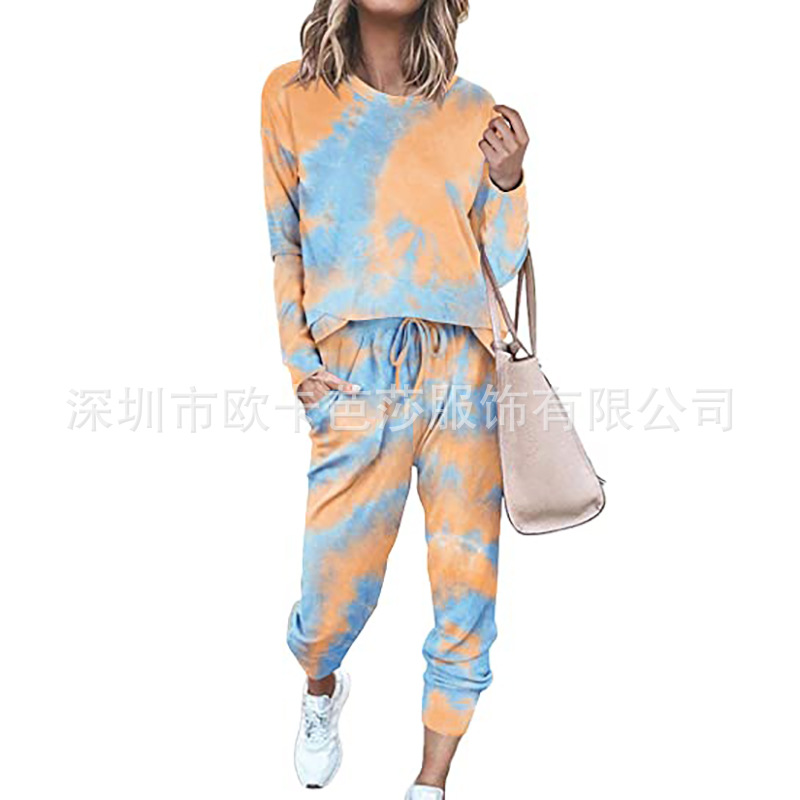 2023 Autumn/Winter New Print Tie Dye Casual European and American Women's Clothing Amazon WISH Cross border Fashion Set Home Furnishing