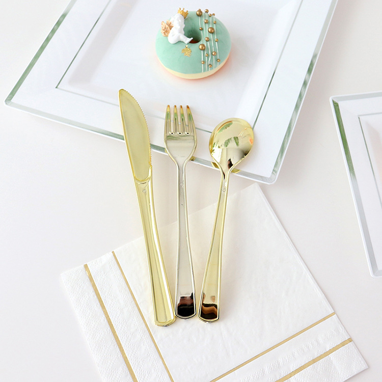 Disposable Fork Golden Birthday Party Tableware Set Ps Plastic Rose Gold Party Western Food Gold Plated Knife, Fork And Spoon display picture 3