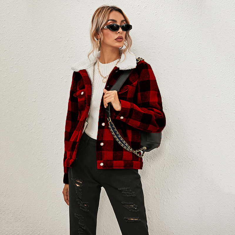 plaid fur collar plus velvet thick cotton jacket NSZH18640