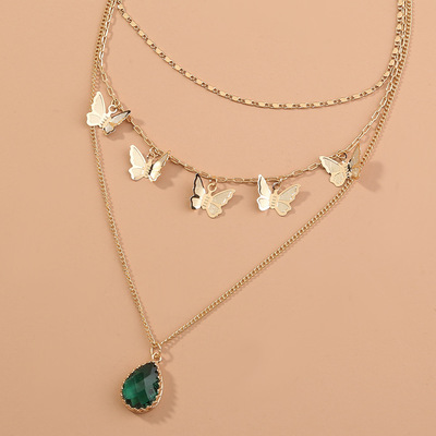 Europe and America ins butterfly Metal Three-dimensional grace Emerald Drop section zircon Pendant multi-storey Necklace