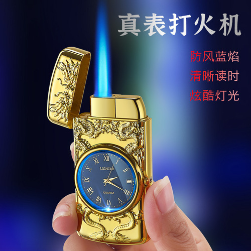 605 Dragon Play with Pearl Relief Watch, Inflatable Windproof Lighter with Real Watch Dial, LED Blue Light Ring
