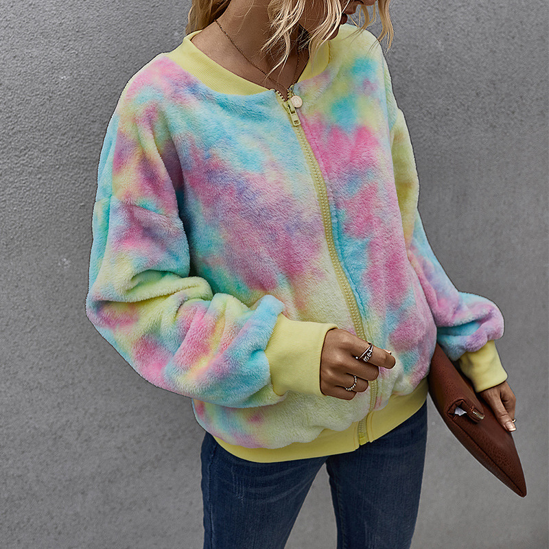 ropa de mujer invierno contraste color tie-dye chaqueta de felpa de manga larga mujer NSKA214