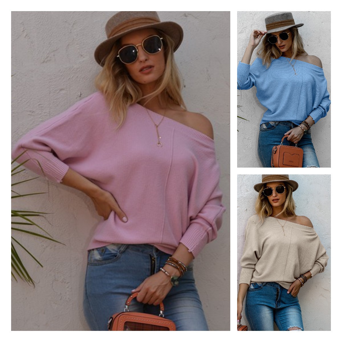 Knitted sweater with a round collar