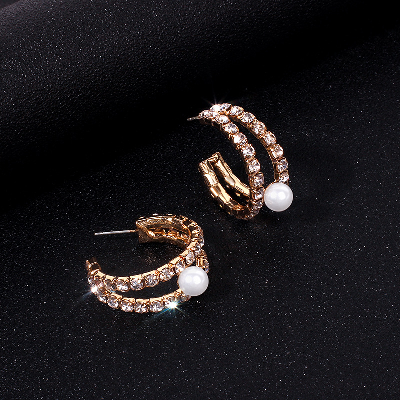 13g Weight Earrings Classification Wedding, Travel, Birthday, Festival Occasion Women'S Gender Gold Color Personality Geometry C- Shaped Full Diamond Pearl Ring Earrings Elegant Classic Style Double C French Ins Earrings Earrings 3