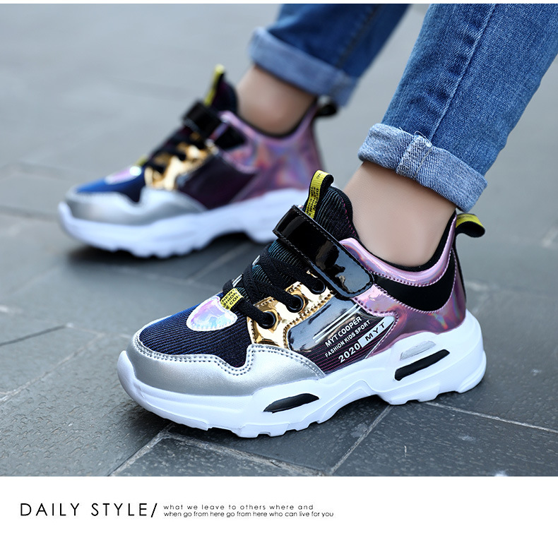 Winter new girls sports shoes laser illusion gradient leather light casual female baby shoespicture13