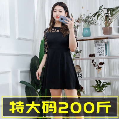 韩版新款时尚黑色连衣裙加肥加大码女装 镂空蕾丝宽松A字裙200斤