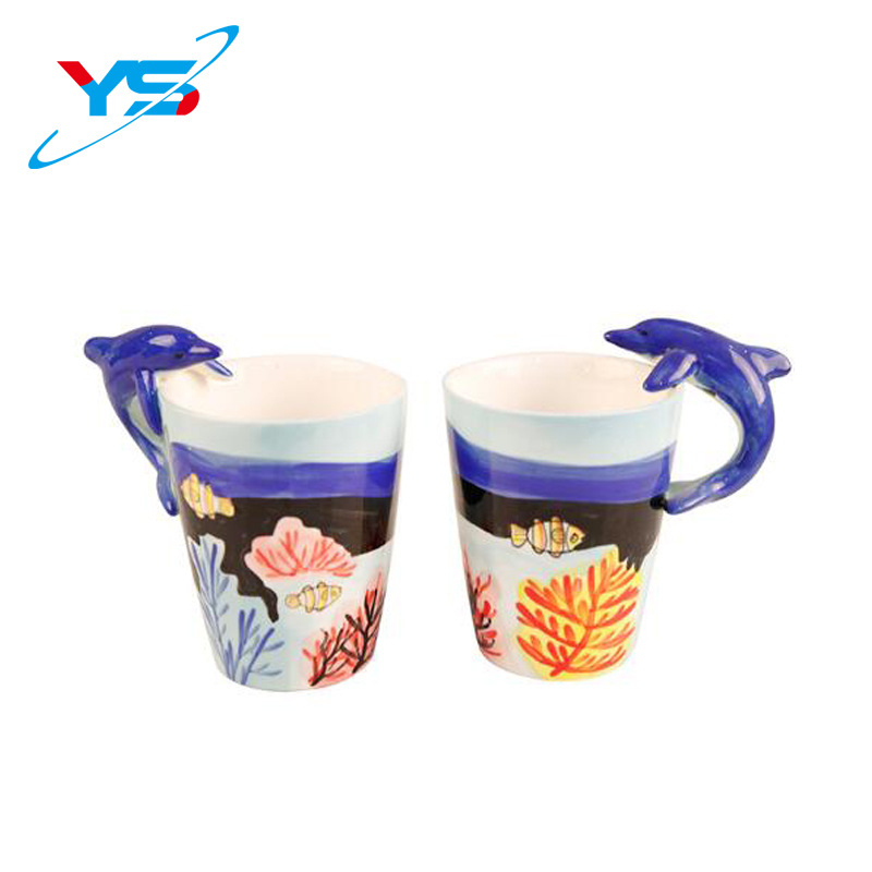 外贸厂家直销3D立体手绘陶瓷马克杯咖啡杯海洋系列可爱海豚产品杯