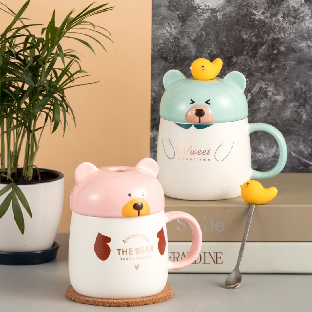 Estilo japonés creativo lindo personalidad oso taza con tapa cuchara regalo taza de café Oficina de dibujos animados taza de agua de cerámica