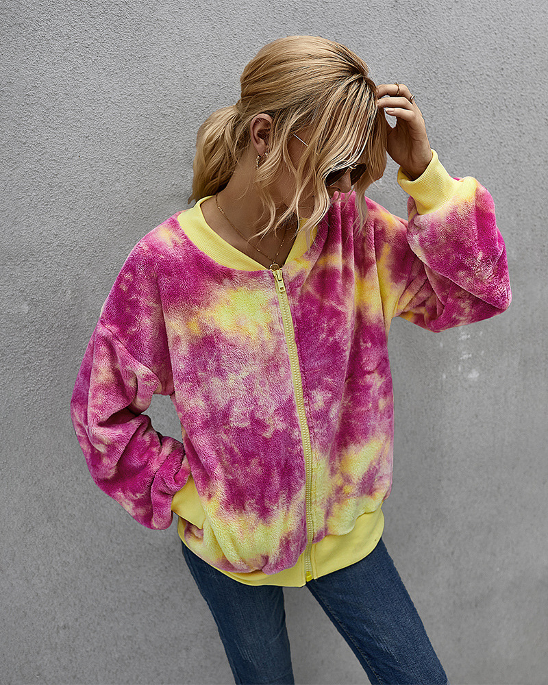 ropa de mujer invierno contraste color tie-dye chaqueta de felpa de manga larga mujer NSKA214