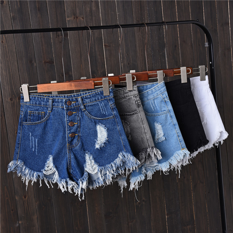 2020 Smoke Grey Ripped Breasted Denim Shorts Women's Summer Large Size Slim Wide Leg Pants Beggar AA Hot Pants with Flash Edge