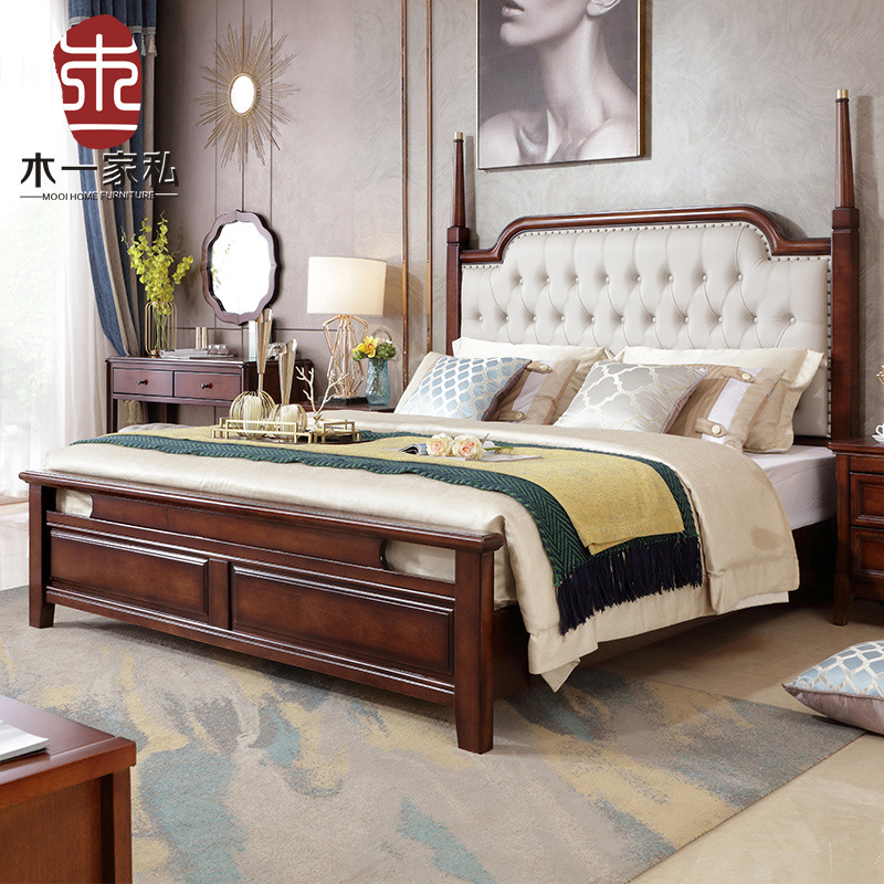 美式乡村实木床1.8米轻奢罗马柱双人床仿古软包高箱气压木质家具|ms