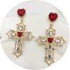 Baroque Crystal Love Cross Earrings Retro Palace Girl Red Heart Hollow Ear Clamp Earrings