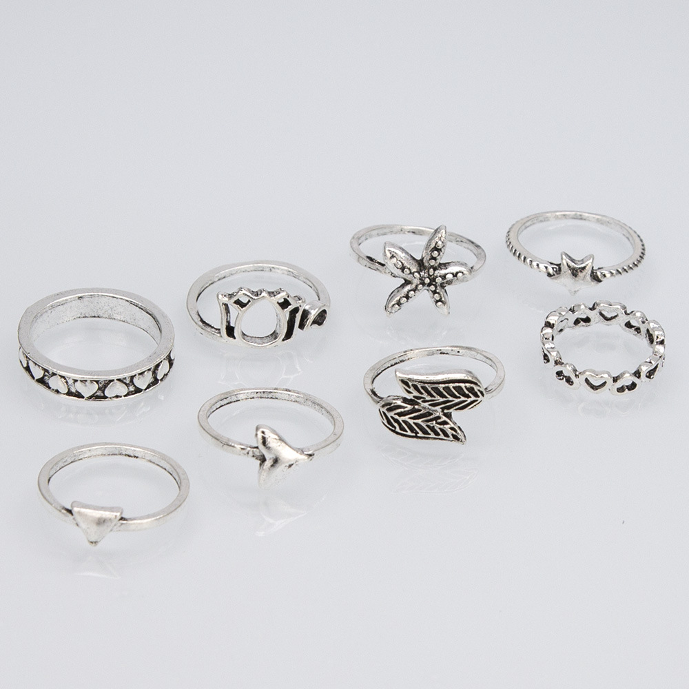 New Retro Starfish Leaf Triangle Love Lotus 8 Piece Set Ring display picture 4