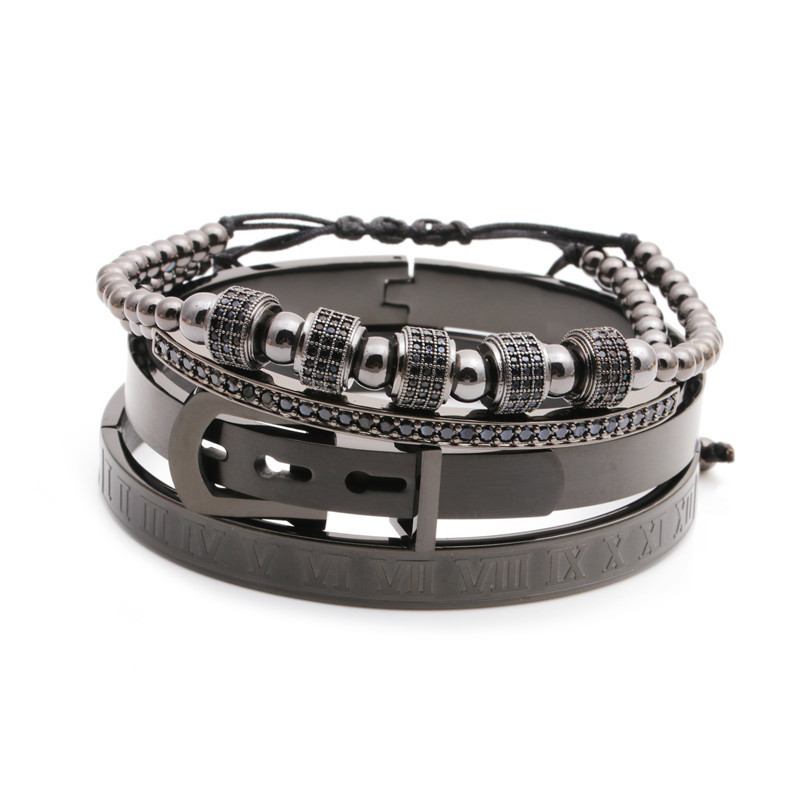Fashion stainless steel Roman letter adjustable copper braided bracelet set