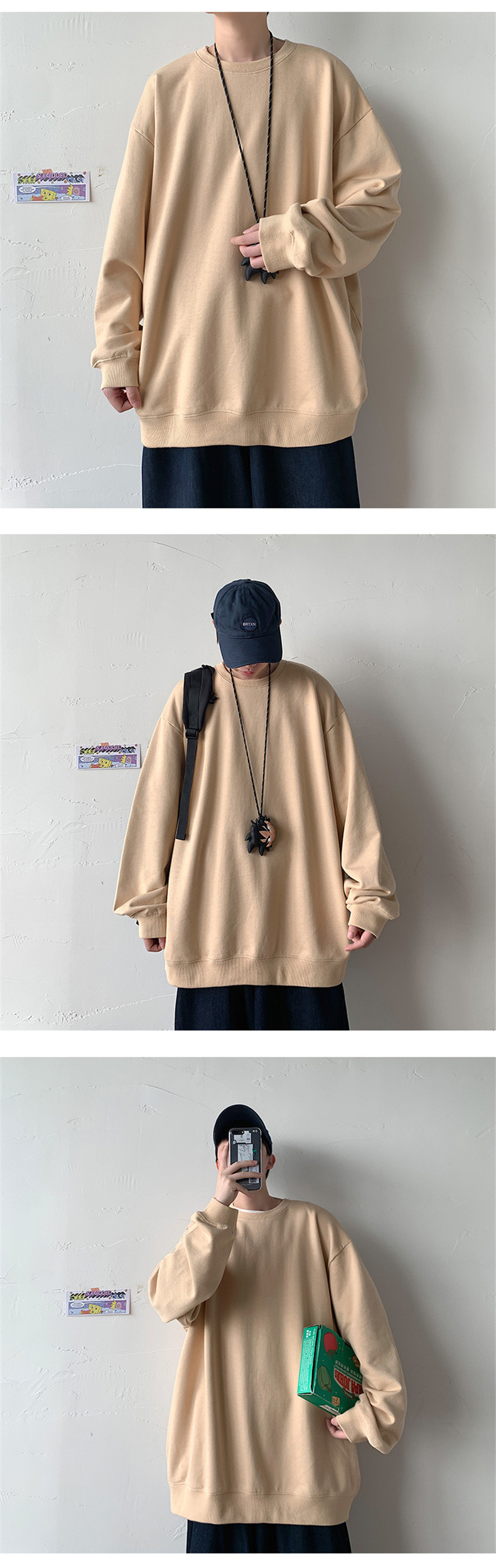 Men's Solid Colour Pullover Sweatshirt Round Neck Long Sleeve_voghion.com