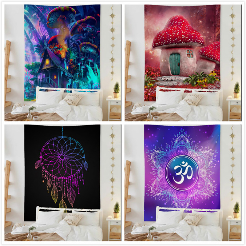 挂毯跨境迷幻森林蘑菇屋彩色线条山形手绘油画向日葵背景装饰布|ms