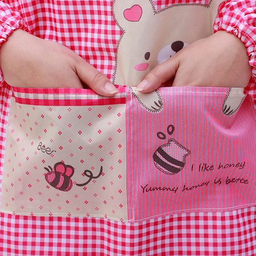 Cartoon adult apron for men and women, household kitchen anti-dirty and oil-proof long-sleeved smock with logo printing.