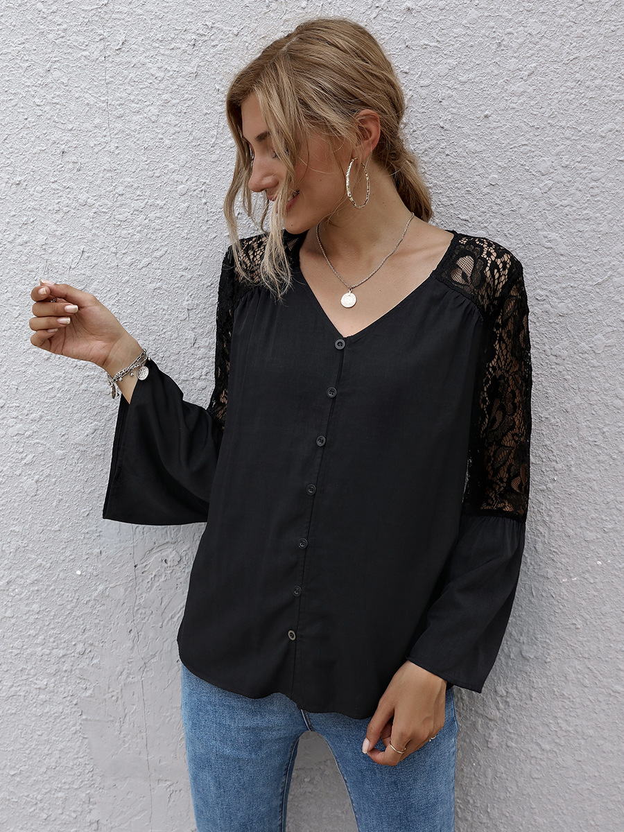 hot sale autumn V-neck lace stitching top NSAL1957