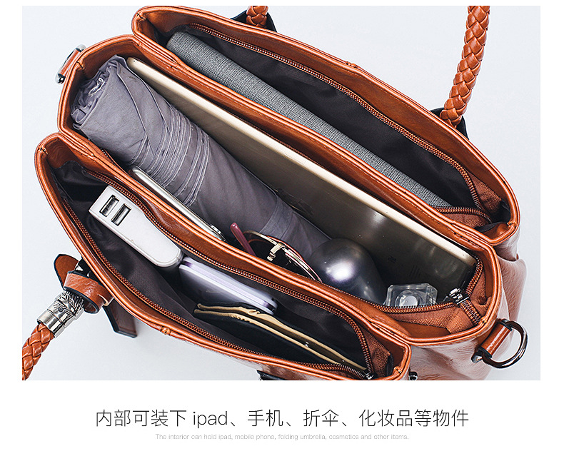 Retro Oil Leather Solid Color Three-layer Shoulder Woven Handle Messenger Bag Wholesale Nihaojewelry display picture 6