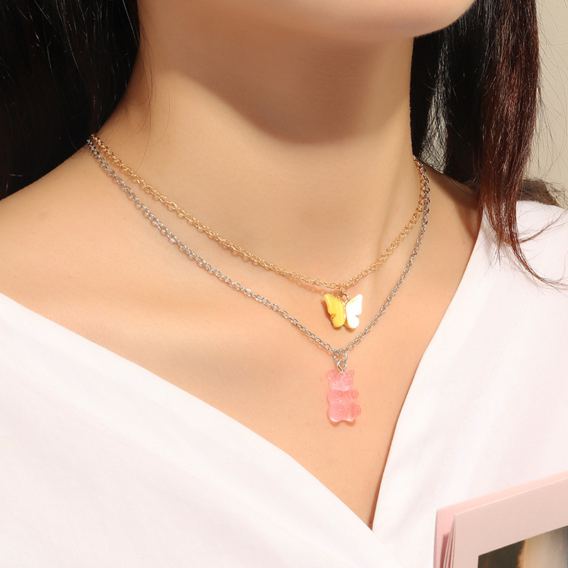 Fashion Jewelry Sweet And Cute Pink Bear Necklace Temperament Tide Butterfly Necklace Set Wholesale Nihaojewelry display picture 1