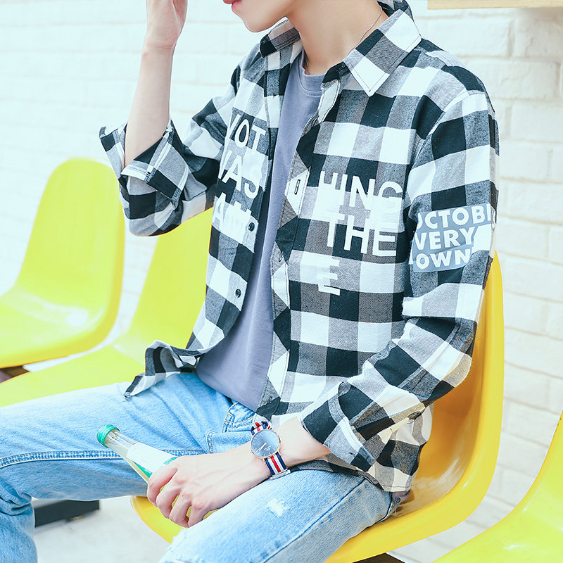 2020 camisa a cuadros de manga larga de estilo coreano de los hombres slim fit juventud moda guapo camisa pareja casual Camisa delgada