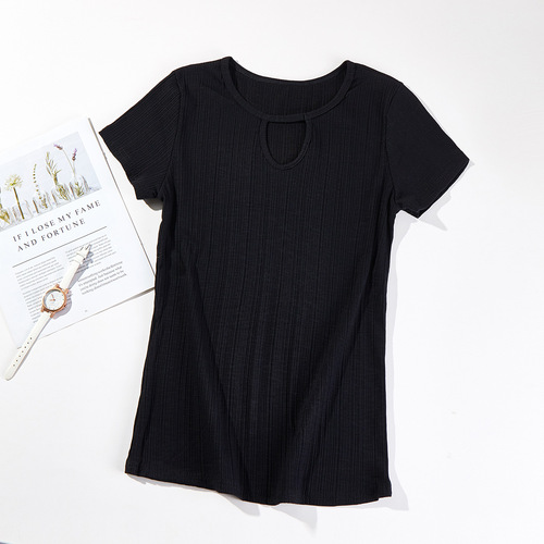 Pit strip round neck half sleeve ribbed casual T-shirt knit top for women