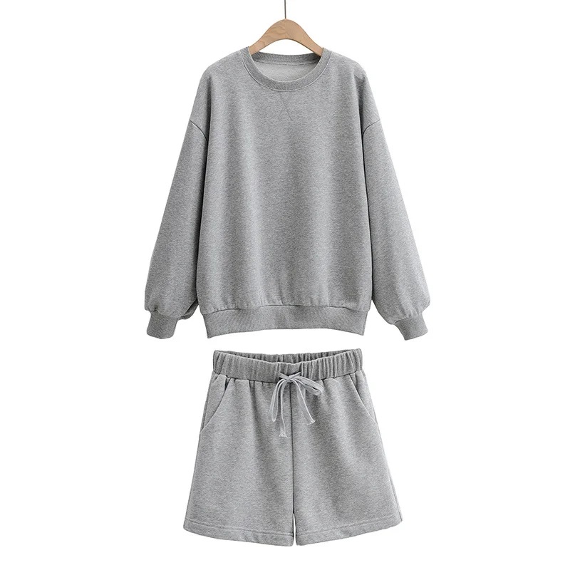 casual all-match round neck sweater elastic waist shorts suit  NSLD11766