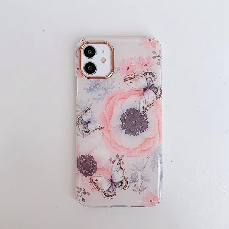 Custodia per telefono Apple 13pro XL con farfalla rosa e fiore fresco elettroplaccato, adatta per iPhone 12pro/7/8plus_voghion.com