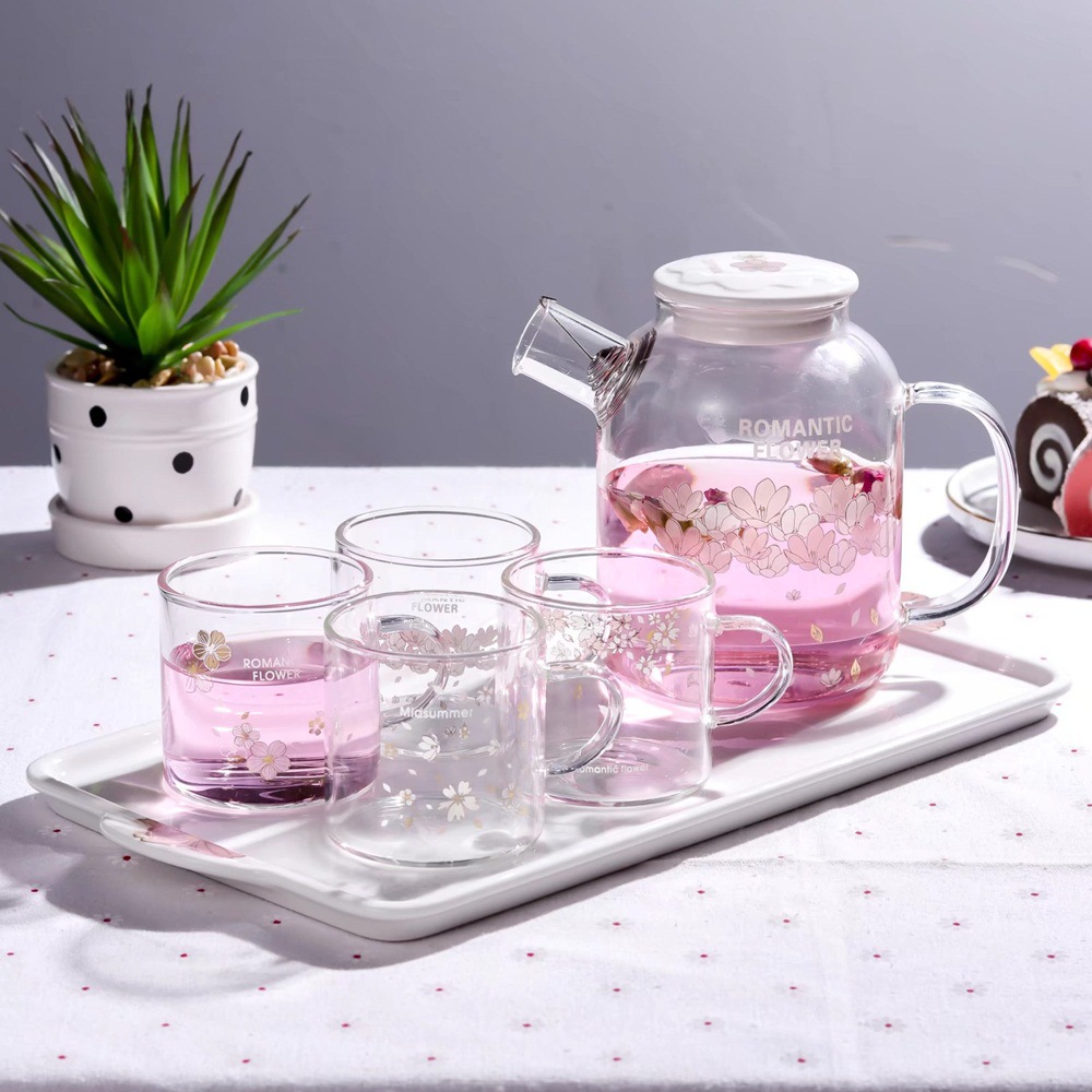 Jarra de agua transparente con diseño de flor de cerezo, resistente a altas temperaturas, juego de vasos de vidrio de borosilicato para bebidas frías. image 2