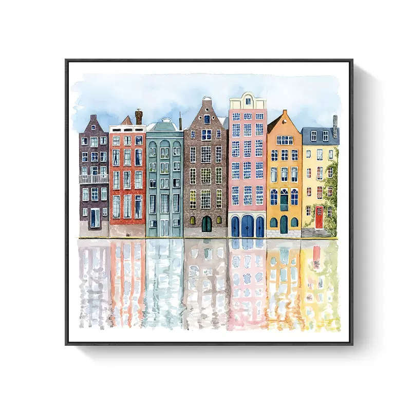 清新客厅装饰画美式 方形水彩城市建筑倒影玄关酒店公寓民宿挂画