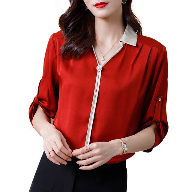 Silk blouse women’s short sleeve color contrast splicing shirt wide pine mulberry silk half sleeve shirt