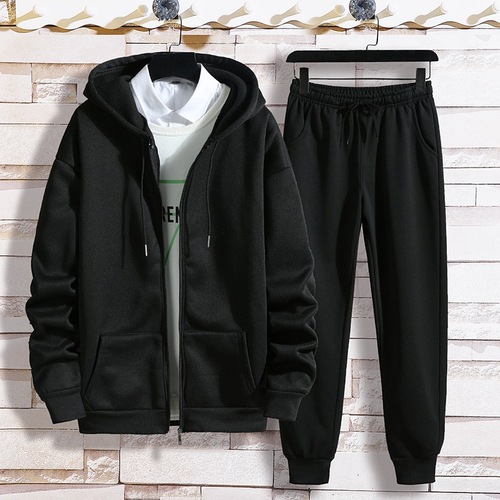 【Two-Piece Set】Factory Winter Fleece Zip-Up Hooded Sweatshirt Couple Youth Student Sports Suit