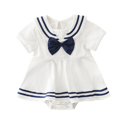 A Bao Nannan summer newborn triangle crawl suit baby navy collar bow infant solid color fart suit
