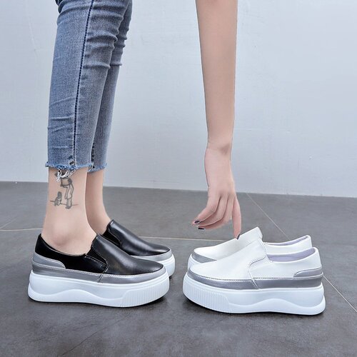 Summer  Popular Thick Sole White Leather Loafers with Invisible Heels 2020 Summer and Autumn Style Korean Version Slip-On Comfort Shoes