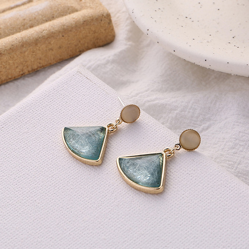 S925 silver needle Korean temperament simple blue ice crystal fan-shaped water drop earrings for women versatile cat's eye earrings earrings