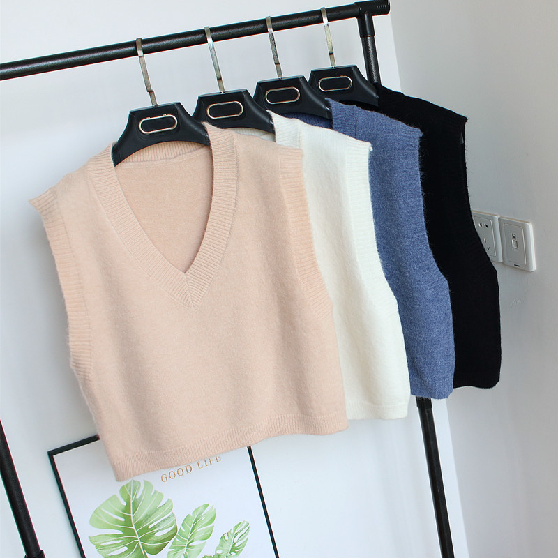 High Waist Short Knitted Vest Women's Spring and Autumn Plush V-Collar Wool Vest I-Shaped Outer Sleeveless Sweater