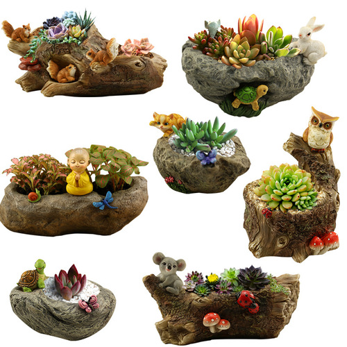 Zakka factory direct sales imitation stone tree wood creative cartoon succulents micro landscape resin flower pot flower holder