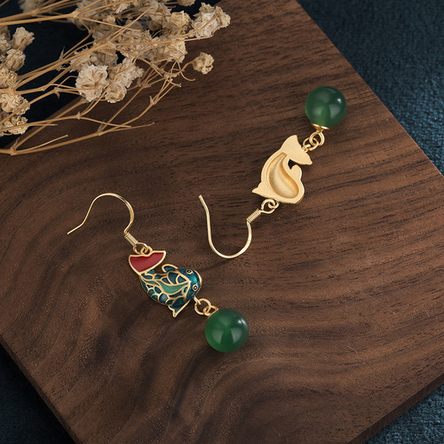 Palace style design Hanfu earrings ancient gold aquamarine cloisonne carp leaping over the dragon gate earrings inlaid with chrysoprase