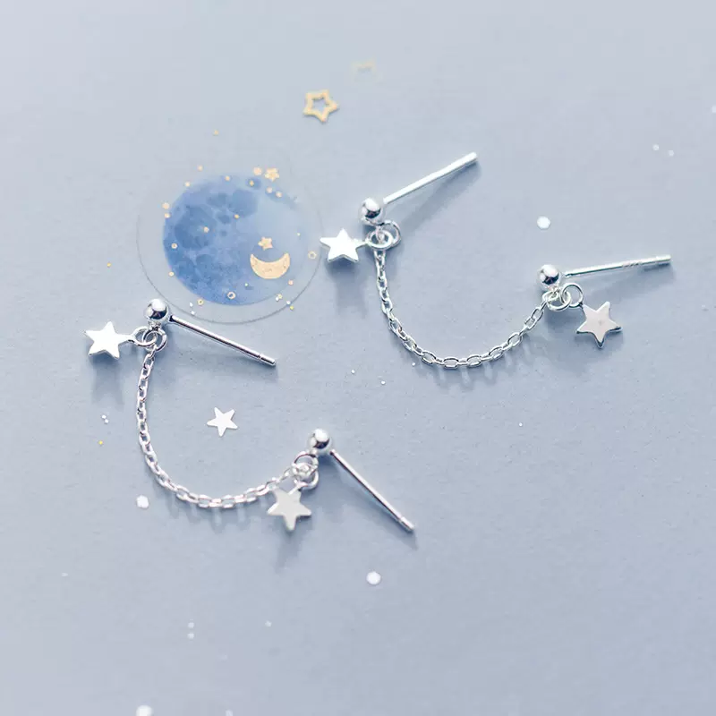 s925银气质双耳洞网红星星耳环个性一饰两戴豆豆耳饰E7367