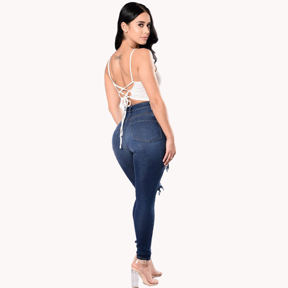 nuevo agujero denim pies pantalones mujer pantalones ajustados jeans lavados NSYF3222