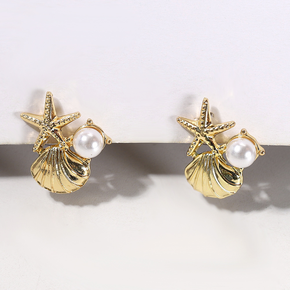 Pure White Pearl Inlaid Starfish Shell Ocean Series Earrings  Wholesale display picture 5