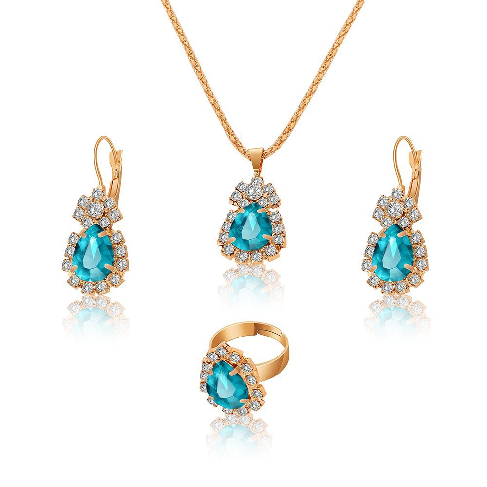 European And American Fashion Water Drop Rhinestone Necklace Earrings Ring Set display picture 12