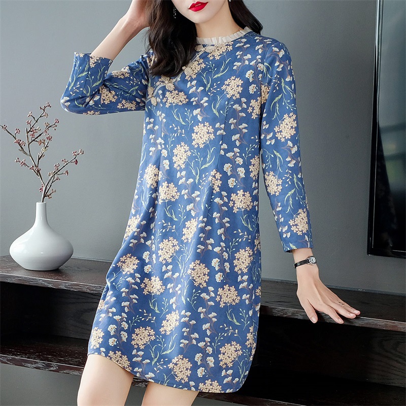 weiweimei品牌大码女装麂皮绒改良旗袍印花连衣裙秋冬女69046