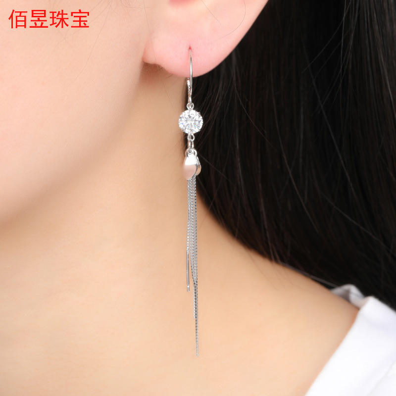 S925纯银锆石耳线女气质韩国简约百搭耳钉长款简约流苏防丢耳环