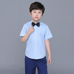 兒童白色短袖襯衫男童表演百搭棉襯衣秋裝中大童藍色上衣夏季薄