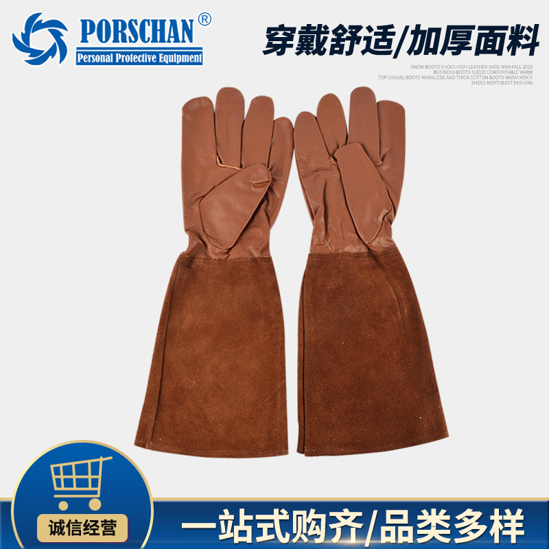 青岛棕色手套 牛羊皮焊工耐磨隔热手套 羊皮花园园艺园林手套