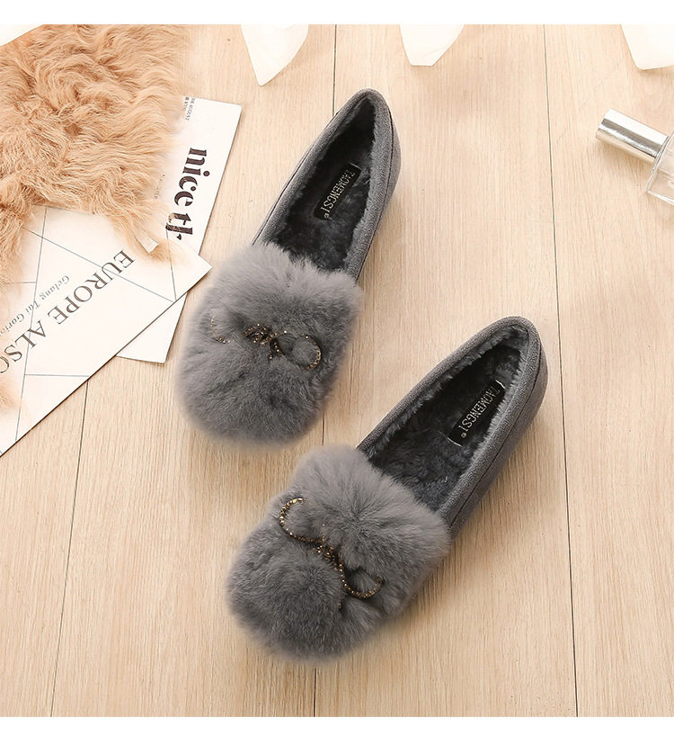 Giày lười nữ lông thỏ có nơ, lót lông ấm, đế thấp 1–3 cm — Màu xám, Màu đen chi tiết 23