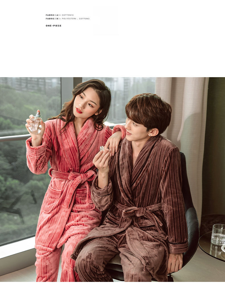 Pigiama da donna GraceChic GraceChic, set di vestaglia e pantaloni in pile corallo autunnale, abbigliamento da casa in flanella a righe per uomo, set invernale_voghion.com